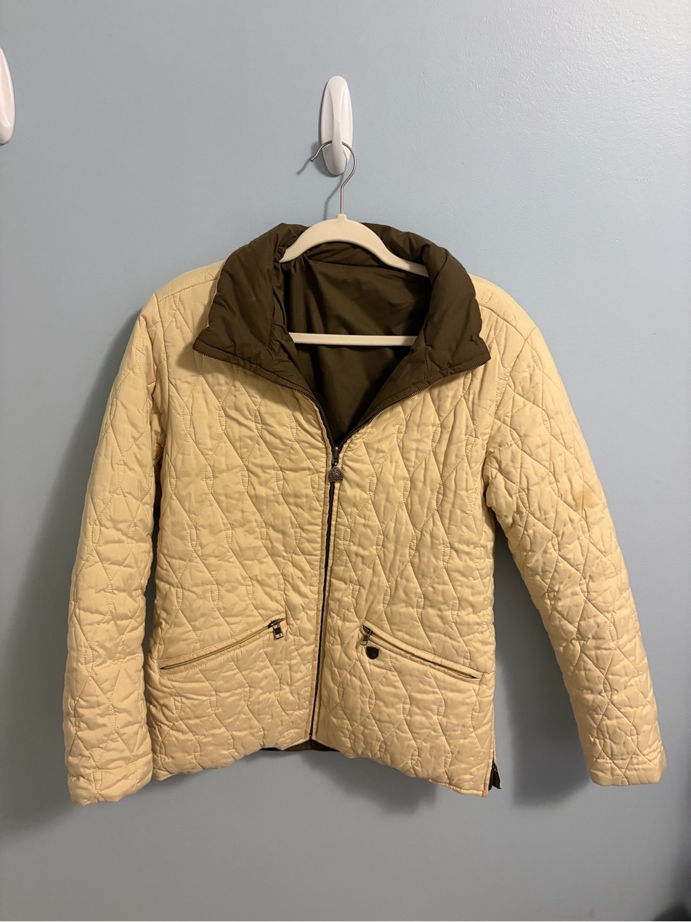 Pacific Trail Quilted Puffer Jacket in Cream with Brown Collar